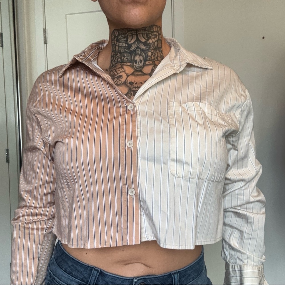Forever 21 Two-Tone Striped Cropped Button-Down — Pink & White